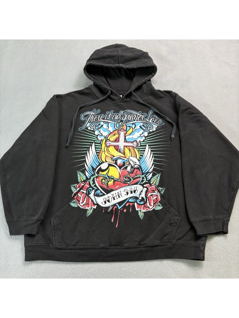 There Is No Greater Love John 3:16 Jesus Pullover Hoodie Size Large Black